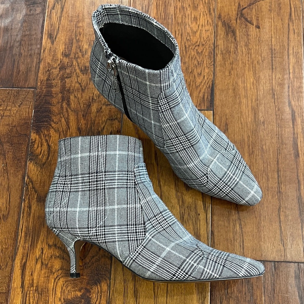 Plaid Ankle Boots - Black and White kitten heel